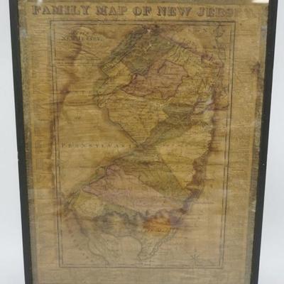 Sale Photo Thumbnail #68: 1068	1835 FAMILY MAP OF NEW JERSEY, FRAMED UNDER GLASS, APPROXIMATELY 18 IN X 23 IN X, MAP WORN AND STANING
