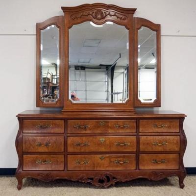Sale Photo Thumbnail #195: 1196	CENTURY 9 DRAWER BOMBE CHEST WITH TRIPLE BEVELED MIRROR, APPROXIMATELY 75 IN X 19 IN X 87 IN H
