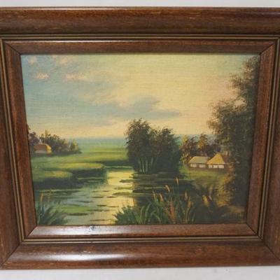 Sale Photo Thumbnail #111: 1111	OIL PAINTING ON BOARD, COTTAGE ALONG WATERWAY, APPROXIMATELY 11 IN X13 IN OVERALL

