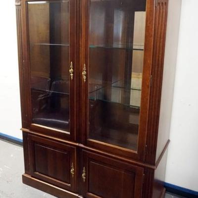 Sale Photo Thumbnail #230: 1231	ETHAN ALLEN VERTICAL 2 PART CURIO DISPLAY CABINET WITH 4 ADJUSTABLE GLASS SHELVES AND INTERIOR LIGHTS WITH MIRROR BACK, APPROXIMATELY 52 IN X 21 IN X 73 IN H

