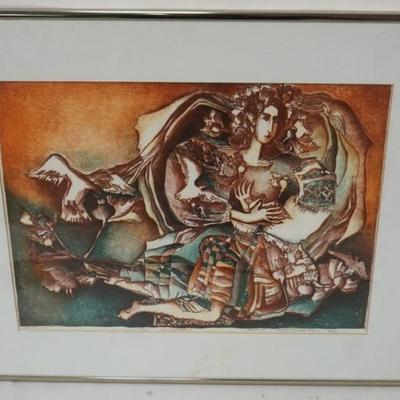 Sale Photo Thumbnail #107: 1107	ARTIST SIGNE PRINT, IMAGE OF WOMAN, ARTIST SIGNED AND ANNOTATED, APPROXIMATELY 20 IN X 16 IN OVERALL
