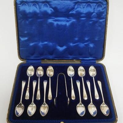 Sale Photo Thumbnail #14: 1014	SILVER HALLMARKED SPOON, TONG, CASED SET
