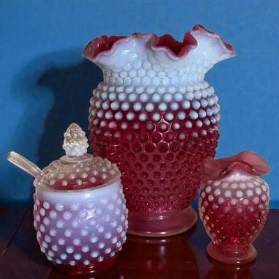 Cranberry opalescent hobnail glass