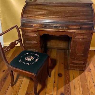 Vintage roll top desk with chair