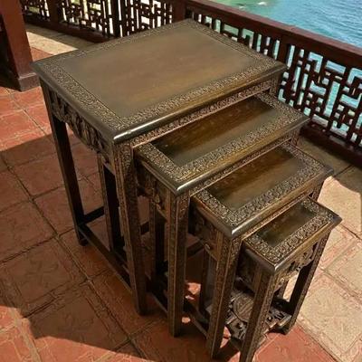 Chinese carved wood nesting tables