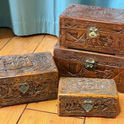 Vintage chinese carved wood keep sake boxes