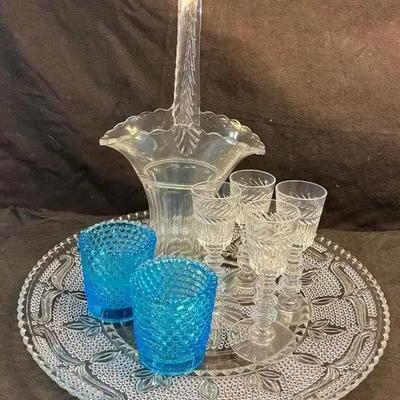Bride s basket, cordial glasses & glass serving tray