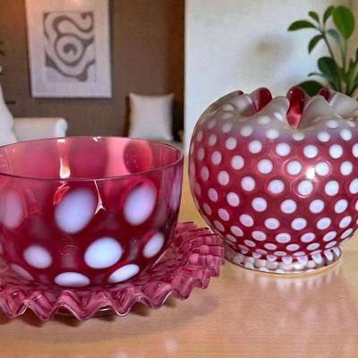 Cranberry opalescent polka dot glass