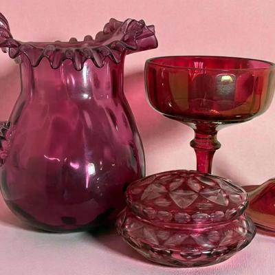Fenton cranberry glass coin dot ruffled pitcher others