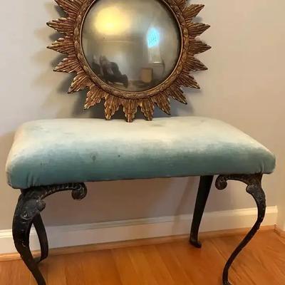 Convex sunburst style mirror and velvet bench