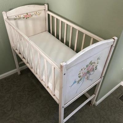 Vintage Wood Doll Crib With Tole Painted Floral Design