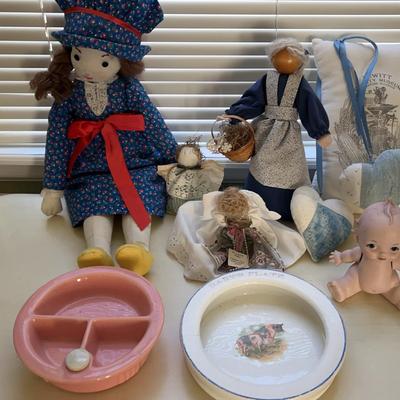 Vintage Kewpie Doll, Baby Dishes, and Friends
