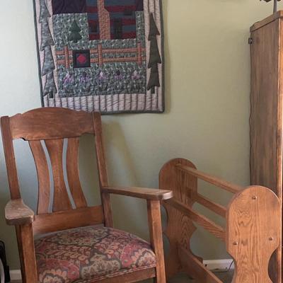 Vintage Rocker, Quilt Rack & Handmade Quilt