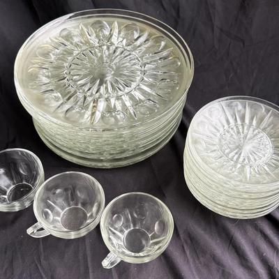 Large Matching Set of Vintage Clear Pressed Glass Dinnerware & Cups