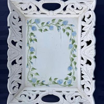 Decorative White Carved Serving Tray with Hand-Painted Blue Floral Design