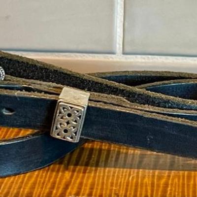 Sterling Silver Cutwork Belt Buckle Set With Black Leather 38" Belt