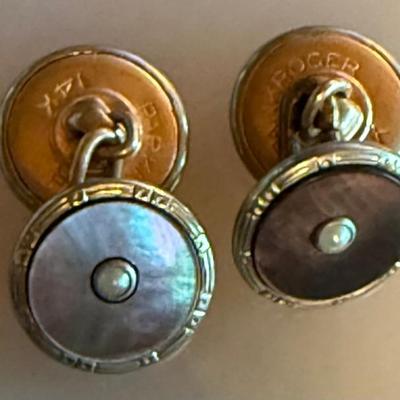 Pair Of 14K Gold - Mother Of Pearl & Seed Pearl Park Roger Cuff Links - Total Weight 6.24 Grams