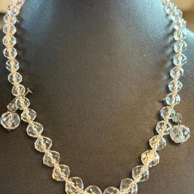 Art Deco Cut Rock Crystal Knotted Bead 16 Inch Necklace And Matching Screw Back Earrings Gold Filled Clasp