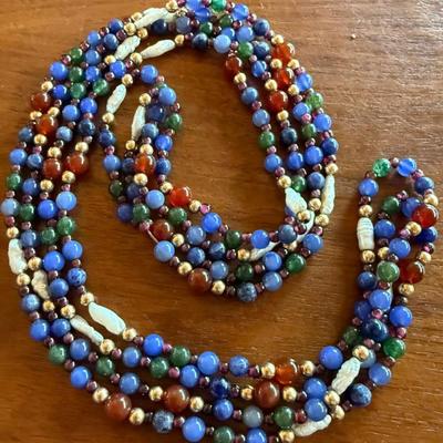Lovely 66 Inch Stone Bead Necklace - Lapis, Jadeite, Malachite, Fresh Water Pearl, Moonstone, Carnelian