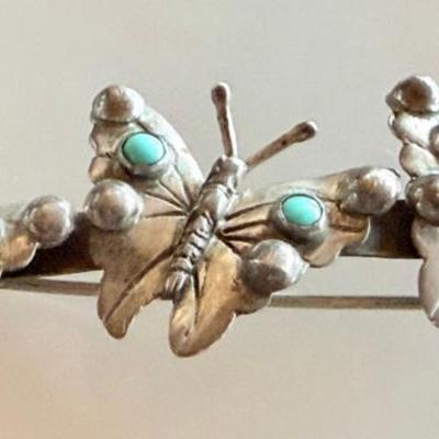 Vintage Sterling Silver Made In Mexico Butterfly Barrette With Turquoise - Total Weight 6.16 Grams