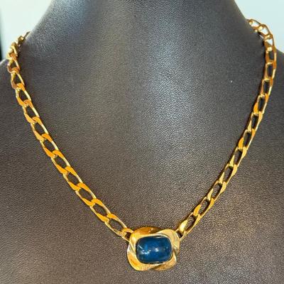 
Vintage Givenchy Paris New York Gold Tone Chain 16 Inch Necklace With Blue Glass Pendant