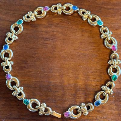 Rare Vintage Grosse Germany Heavy Gold Tone & Multi Color Stone Link 16 Inch Necklace