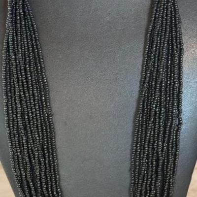 Lovely Silver Wrapped 16 Strand Black Glass Seed Bead 32 Inch Necklace
