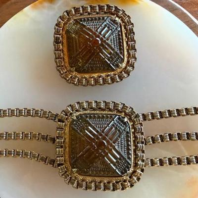 Pressed Amber Pressed Glass Pin Brooch And 2 Piece Buckle Gold Tone