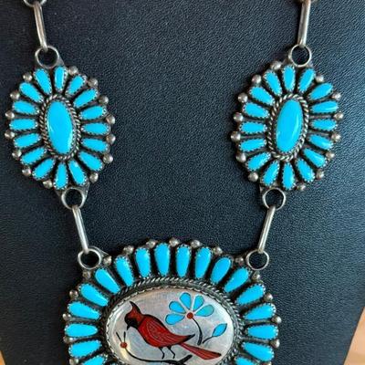 Stunning Vintage Leo G Harvey Sterling Silver Navajo Cardinal Inlay, Turquoise Pendant Necklace Handmade Chain