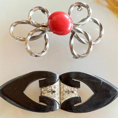 (2) Vintage Belt Buckles - Black Plastic And Twist Silver Tone