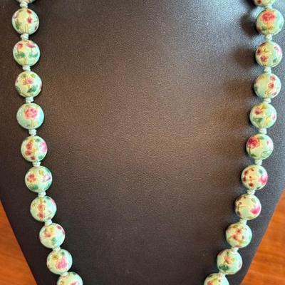 Vintage Strand Of Hand Painted Asian Porcelain Knotted Bead 24 Inch Necklace