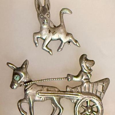 (2) Vintage Sterling Silver Mexico Pins Donkey & Wagon W Donkey - 12.55 Grams