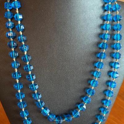 Antique 24 Inch Czech Faceted Blue Crystal Bead Knotted Necklace