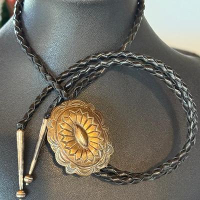 Navajo Sterling Silver Concho Bolo Tie With Tips - 32 Inch Braided Black Leather