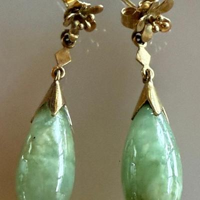Pair Of 14K Gold & Jade Tear Drop Earrings - Total Weight 4.21 Grams
