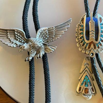 Navajo Silver Tone Bolo Tie Inlay Turquoise & Coral And Eagle Bolo Tie