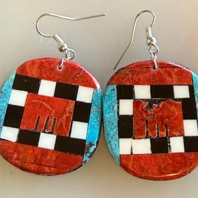 Pair Of Santo Domingo Inlay Coral And Turquoise Earrings (as Is)