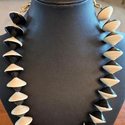 Stunning Vintage Orovetro Murano Cream & Black Art Glass Bead MCM Necklace & Matching Earrings