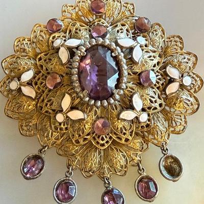 Victorian Amethyst Color Stone & Enamel Leaf Brooch (as Is)