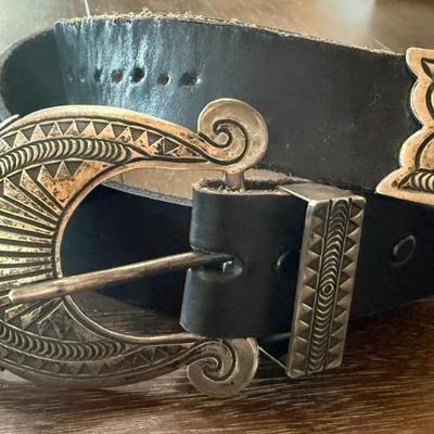 Stunning Mary Morgan Navajo Sterling Silver Signed Belt Buckle With 46 Inch Black Leather Belt