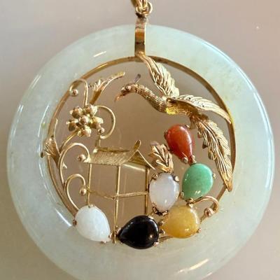 14K Gold & Multi Color Jade Pendant - Total Weight 23.59 Grams