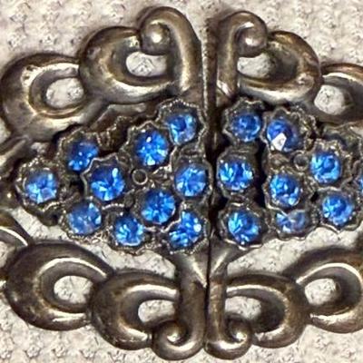Antique Blue Rhinestone & Silver Tone Belt Buckle