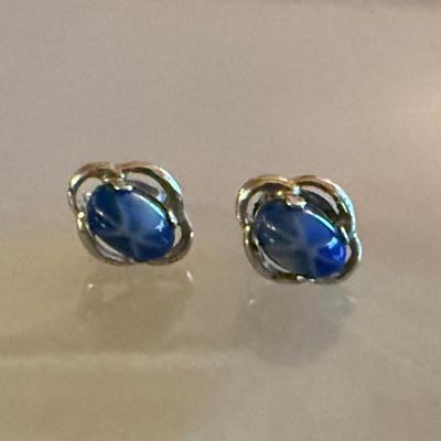 Pair Of 14K White Gold & Blue Star Sapphire Earrings - Total Weight .85 Grams