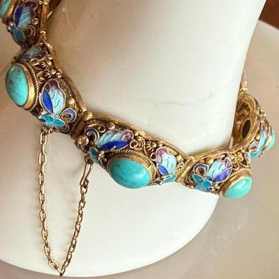 Antique Chinese Silver Gold Wash 7.5 Inch Bracelet W Persian Turquoise & Blue Enamel Butterflies