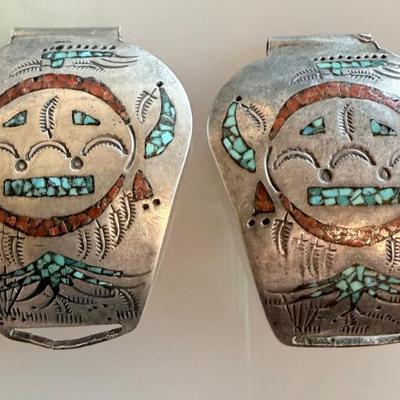 Pair Of DJB Navajo Sterling Silver Turquoise & Coral Chip Inlay Inlay Watch Lugs - 30.36 Grams