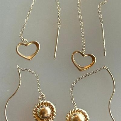 (2) Pairs Of 14K Gold Chain Drop Earrings - Hearts & Circles - Total Weight .77 Grams