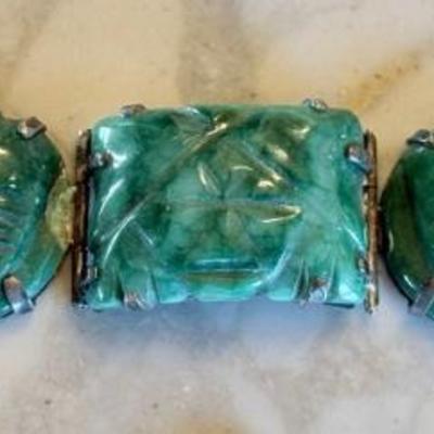 1940's Barrera Mexico Sterling Silver & Carved Green Onyx Aztek 7 Inch Panel Bracelet (as Is) 89.08 Grams