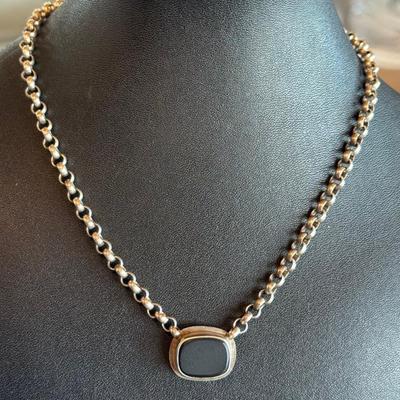 Amy Faust Piazza 16 Inch Necklace Sterling Silver W Vintage Flat Black Glass - 26.65 Grams