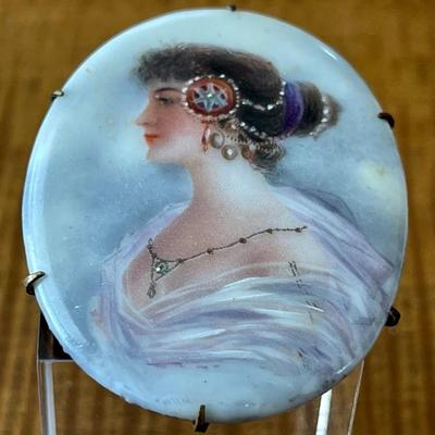 Antique Victorian Hand Painted Porcelain Portrait Pin Brooch Brass Setting