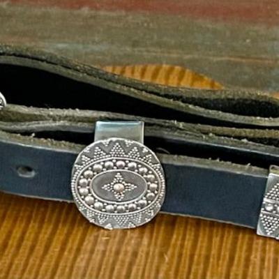Granulation Handmade Sterling Silver Belt Buckle Set With Black Leather 36" Belt